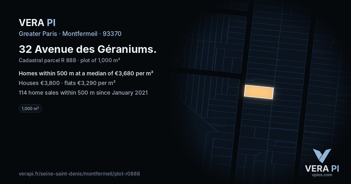 32 Avenue des Géraniums, Montfermeil at night – the plot lit, the parcels around coloured by the prices near them