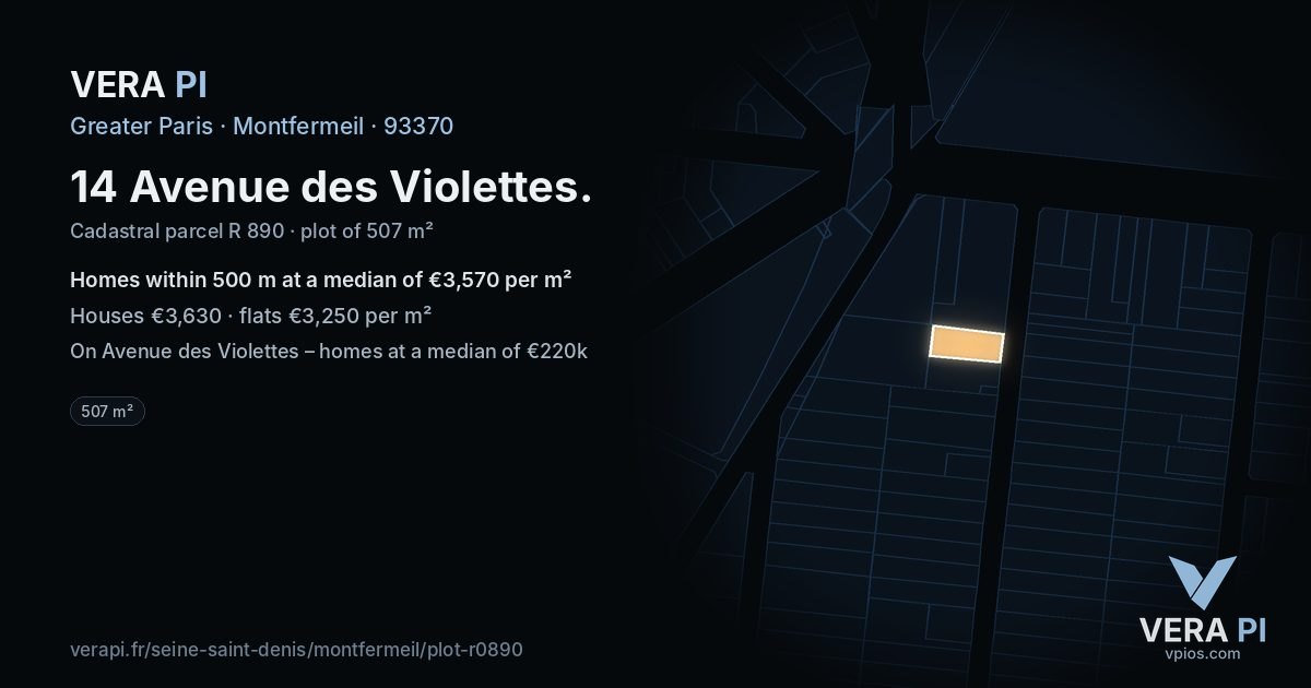 14 Avenue des Violettes, Montfermeil at night – the plot lit, the parcels around coloured by the prices near them