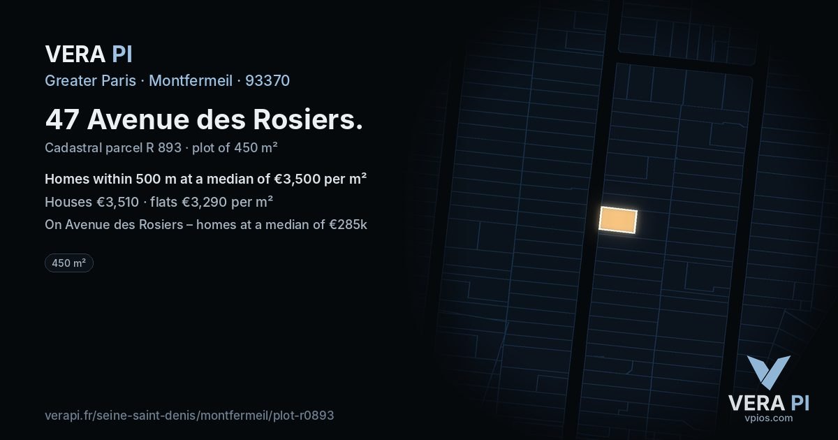47 Avenue des Rosiers, Montfermeil at night – the plot lit, the parcels around coloured by the prices near them