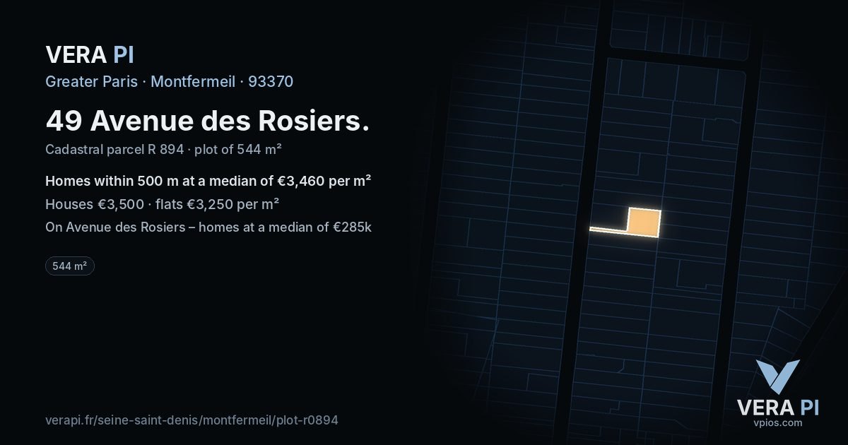 49 Avenue des Rosiers, Montfermeil at night – the plot lit, the parcels around coloured by the prices near them