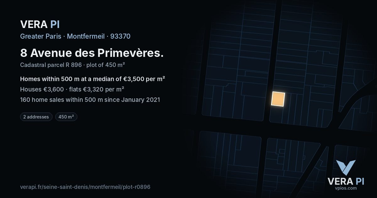 8 Avenue des Primevères, Montfermeil at night – the plot lit, the parcels around coloured by the prices near them