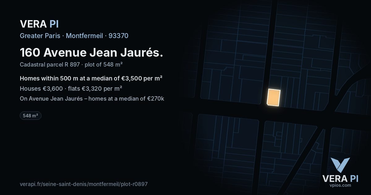 160 Avenue Jean Jaurés, Montfermeil at night – the plot lit, the parcels around coloured by the prices near them