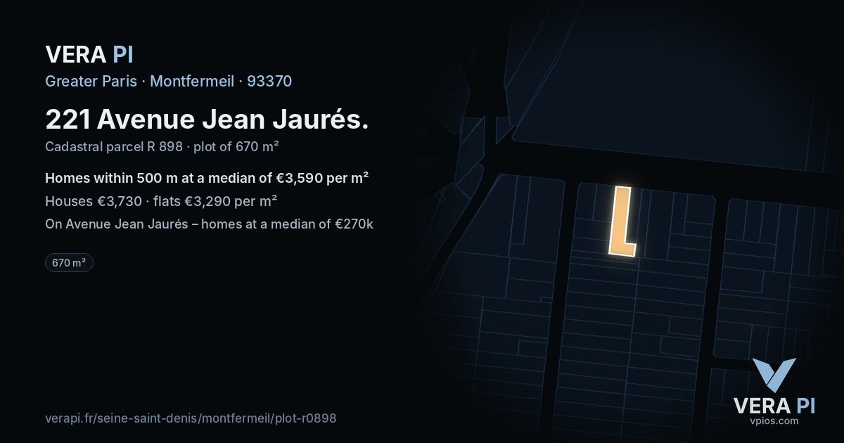 221 Avenue Jean Jaurés, Montfermeil at night – the plot lit, the parcels around coloured by the prices near them