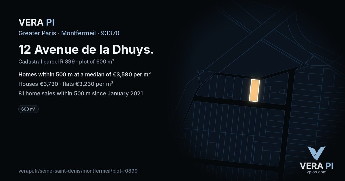 12 Avenue de la Dhuys, Montfermeil at night – the plot lit, the parcels around coloured by the prices near them