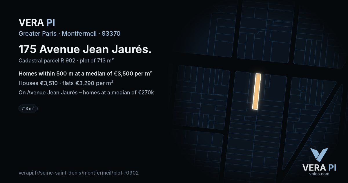 175 Avenue Jean Jaurés, Montfermeil at night – the plot lit, the parcels around coloured by the prices near them
