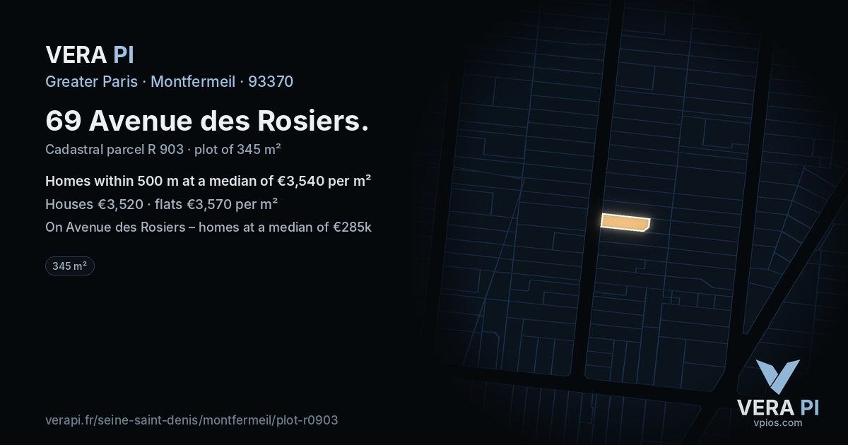 69 Avenue des Rosiers, Montfermeil at night – the plot lit, the parcels around coloured by the prices near them