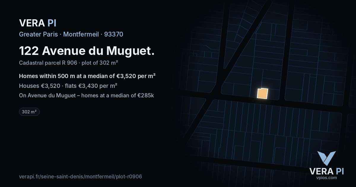 122 Avenue du Muguet, Montfermeil at night – the plot lit, the parcels around coloured by the prices near them