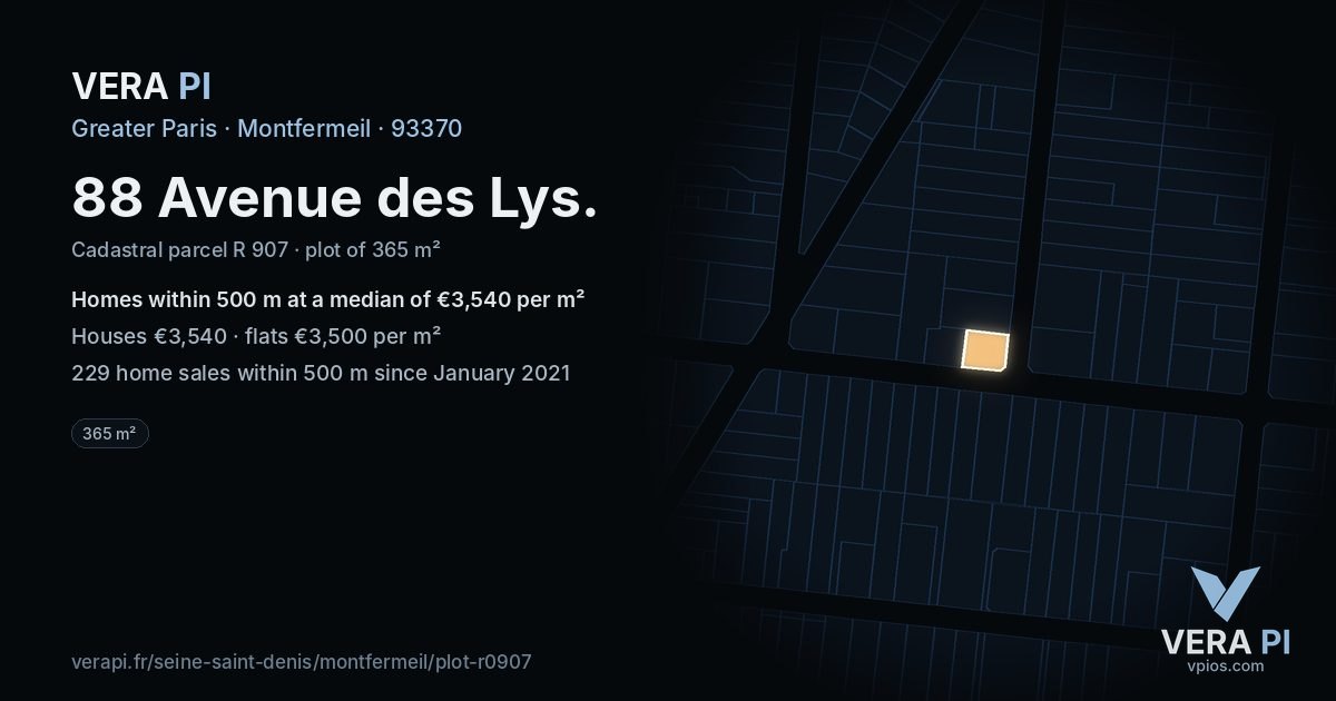 88 Avenue des Lys, Montfermeil at night – the plot lit, the parcels around coloured by the prices near them