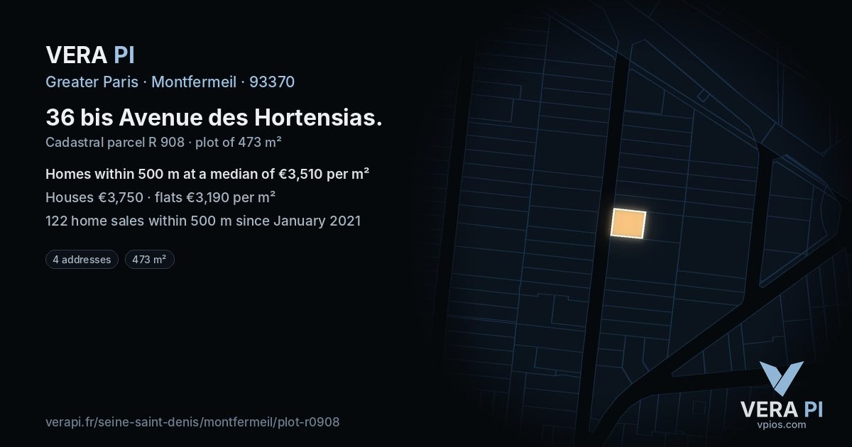36 bis Avenue des Hortensias, Montfermeil at night – the plot lit, the parcels around coloured by the prices near them