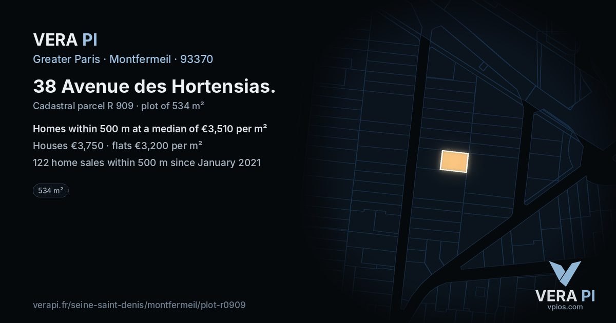 38 Avenue des Hortensias, Montfermeil at night – the plot lit, the parcels around coloured by the prices near them