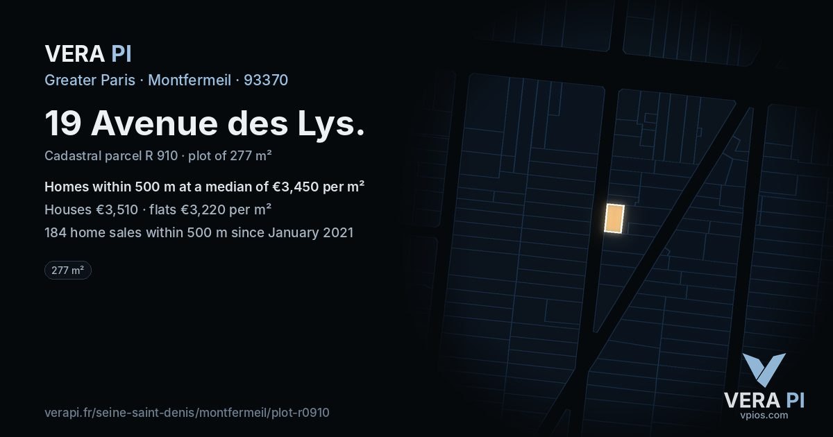 19 Avenue des Lys, Montfermeil at night – the plot lit, the parcels around coloured by the prices near them