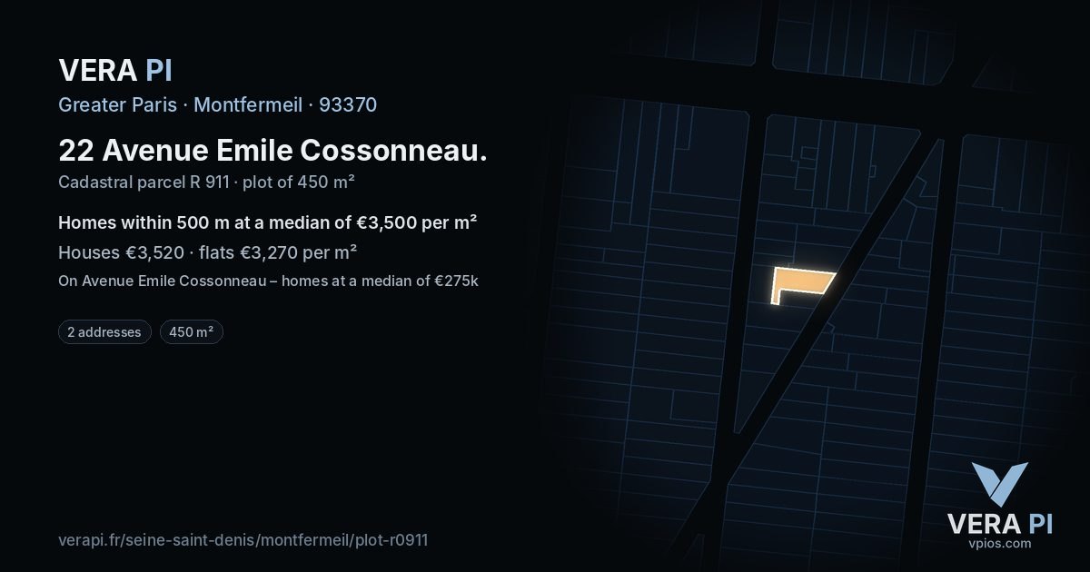 22 Avenue Emile Cossonneau, Montfermeil at night – the plot lit, the parcels around coloured by the prices near them