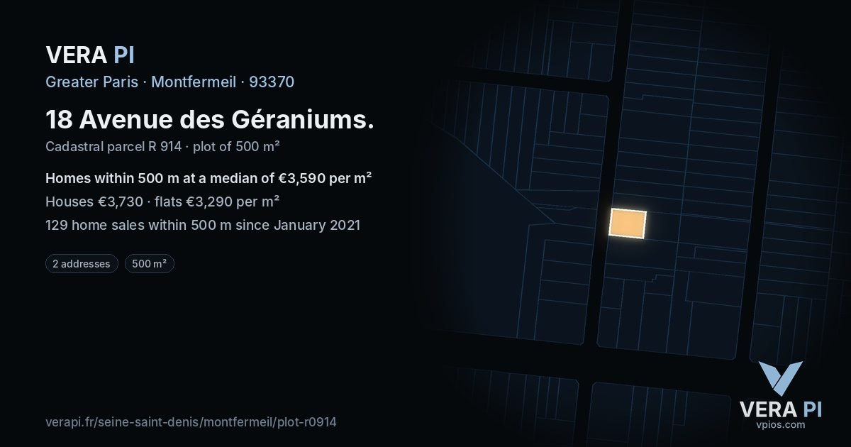 18 Avenue des Géraniums, Montfermeil at night – the plot lit, the parcels around coloured by the prices near them
