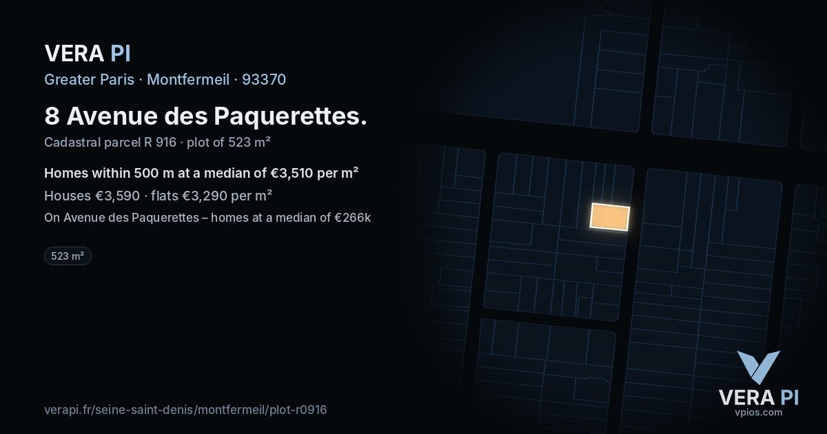 8 Avenue des Paquerettes, Montfermeil at night – the plot lit, the parcels around coloured by the prices near them