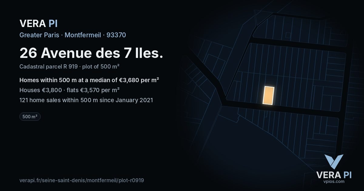 26 Avenue des 7 Iles, Montfermeil at night – the plot lit, the parcels around coloured by the prices near them