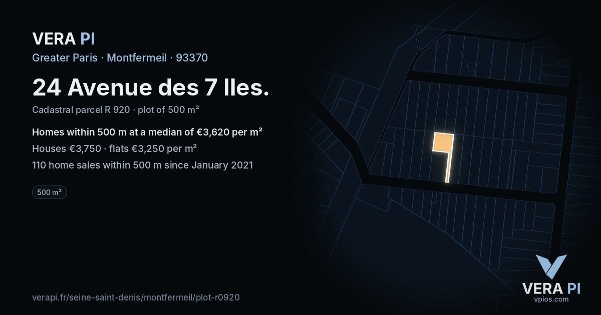 24 Avenue des 7 Iles, Montfermeil at night – the plot lit, the parcels around coloured by the prices near them