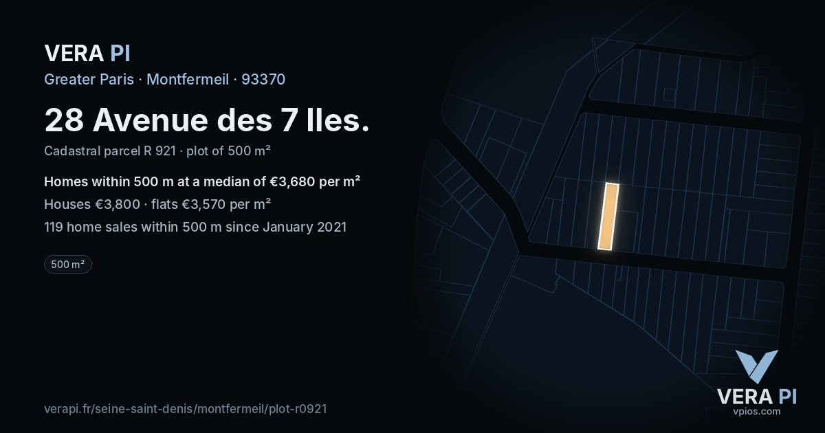 28 Avenue des 7 Iles, Montfermeil at night – the plot lit, the parcels around coloured by the prices near them