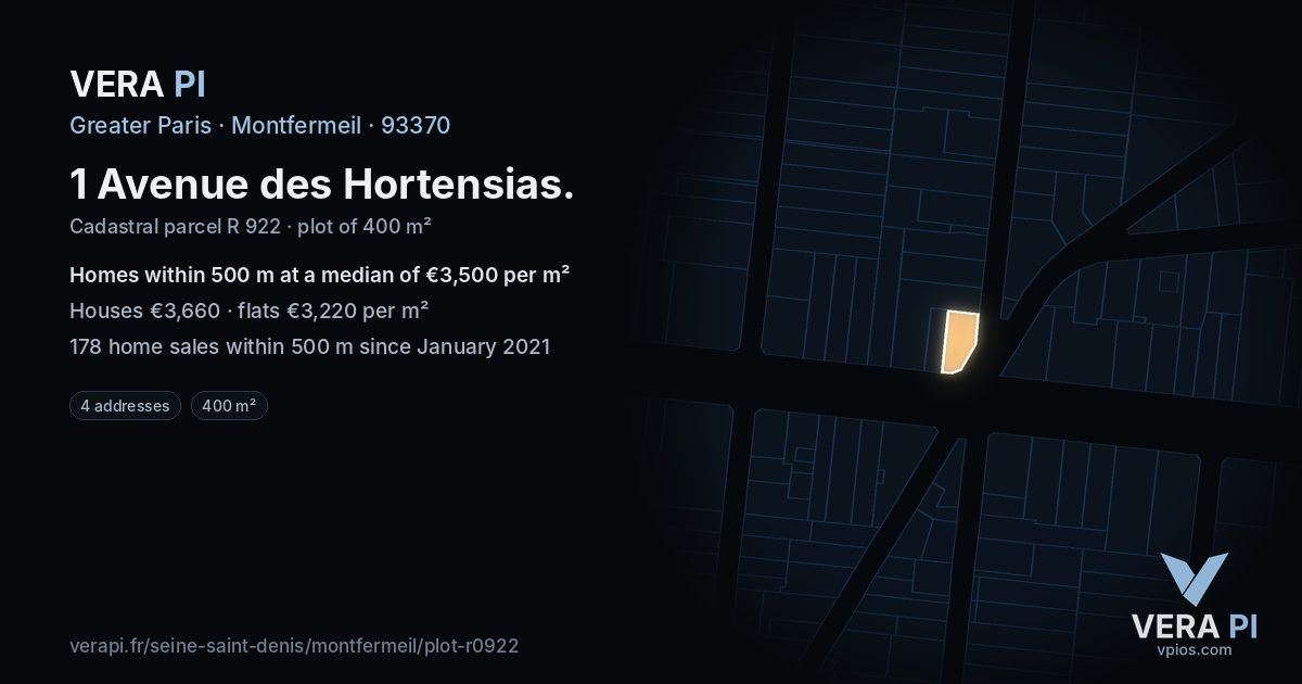 1 Avenue des Hortensias, Montfermeil at night – the plot lit, the parcels around coloured by the prices near them
