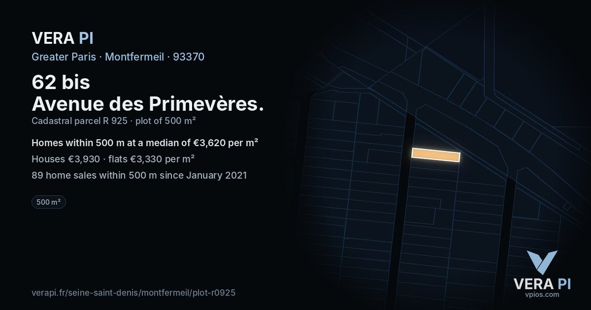 62 bis Avenue des Primevères, Montfermeil at night – the plot lit, the parcels around coloured by the prices near them