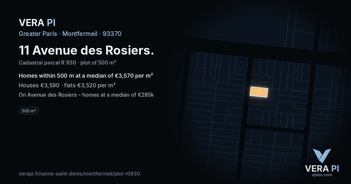 11 Avenue des Rosiers, Montfermeil at night – the plot lit, the parcels around coloured by the prices near them