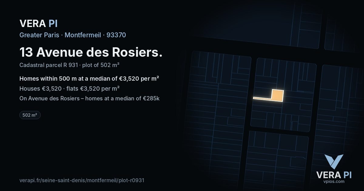13 Avenue des Rosiers, Montfermeil at night – the plot lit, the parcels around coloured by the prices near them