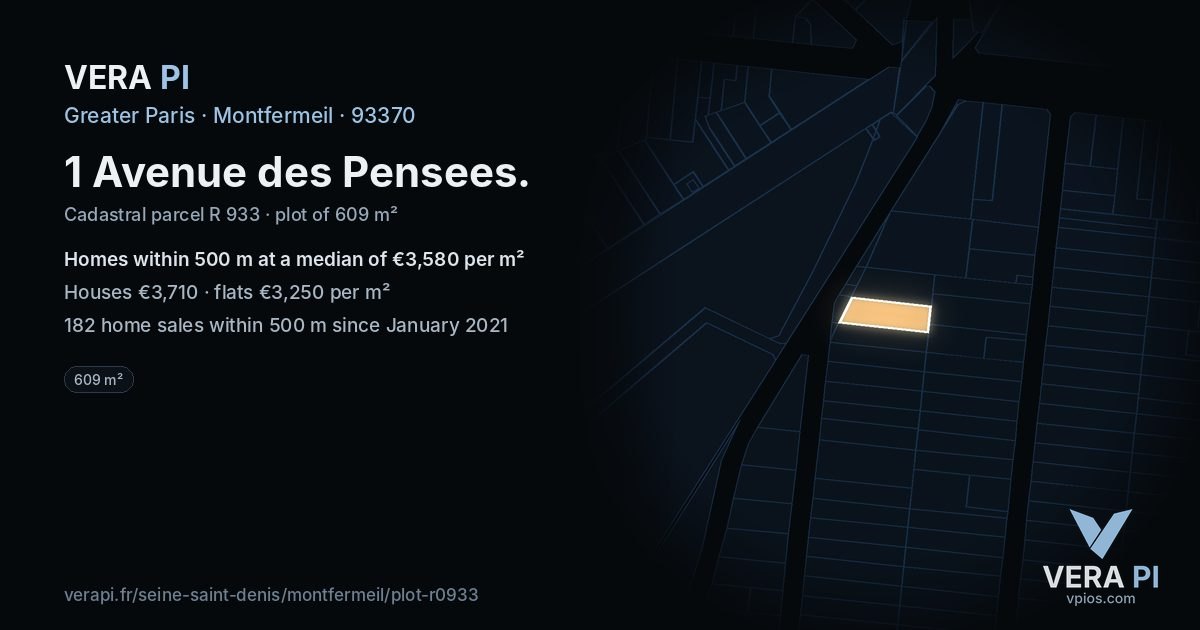 1 Avenue des Pensees, Montfermeil at night – the plot lit, the parcels around coloured by the prices near them
