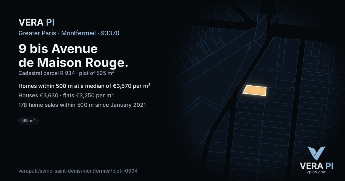 9 bis Avenue de Maison Rouge, Montfermeil at night – the plot lit, the parcels around coloured by the prices near them