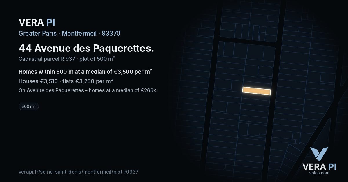 44 Avenue des Paquerettes, Montfermeil at night – the plot lit, the parcels around coloured by the prices near them