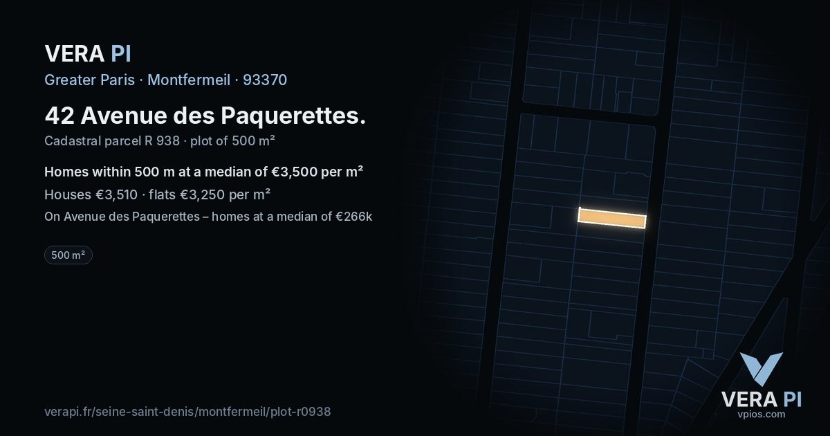 42 Avenue des Paquerettes, Montfermeil at night – the plot lit, the parcels around coloured by the prices near them