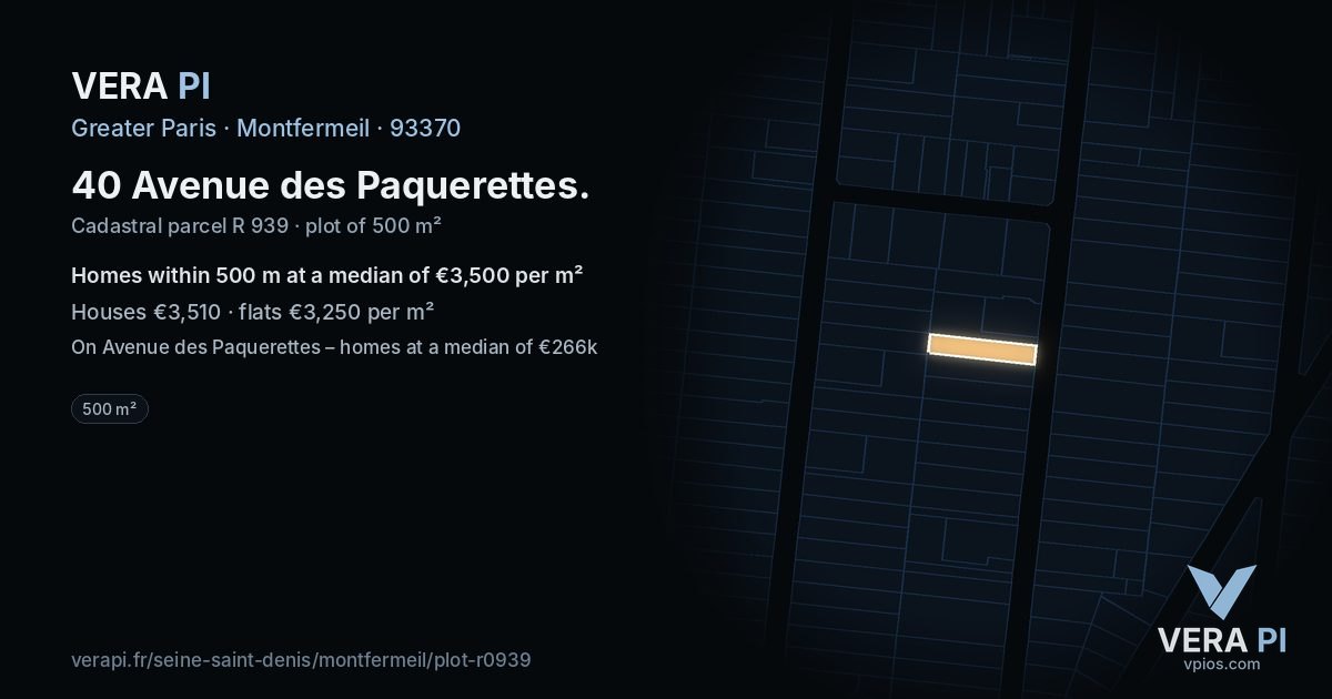 40 Avenue des Paquerettes, Montfermeil at night – the plot lit, the parcels around coloured by the prices near them