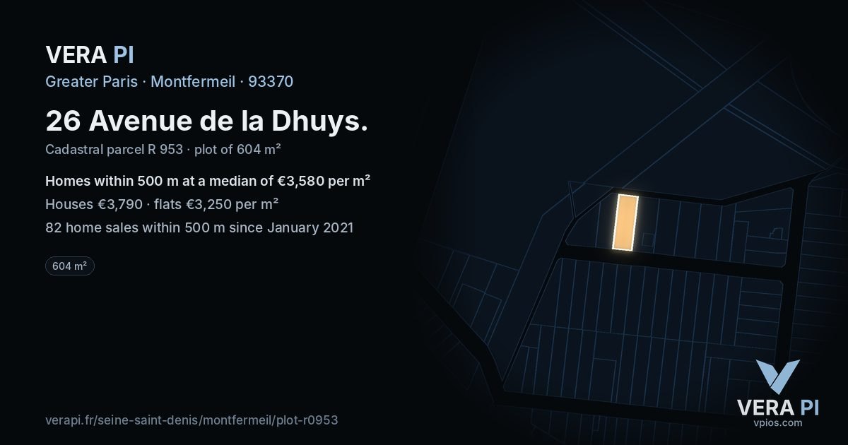 26 Avenue de la Dhuys, Montfermeil at night – the plot lit, the parcels around coloured by the prices near them