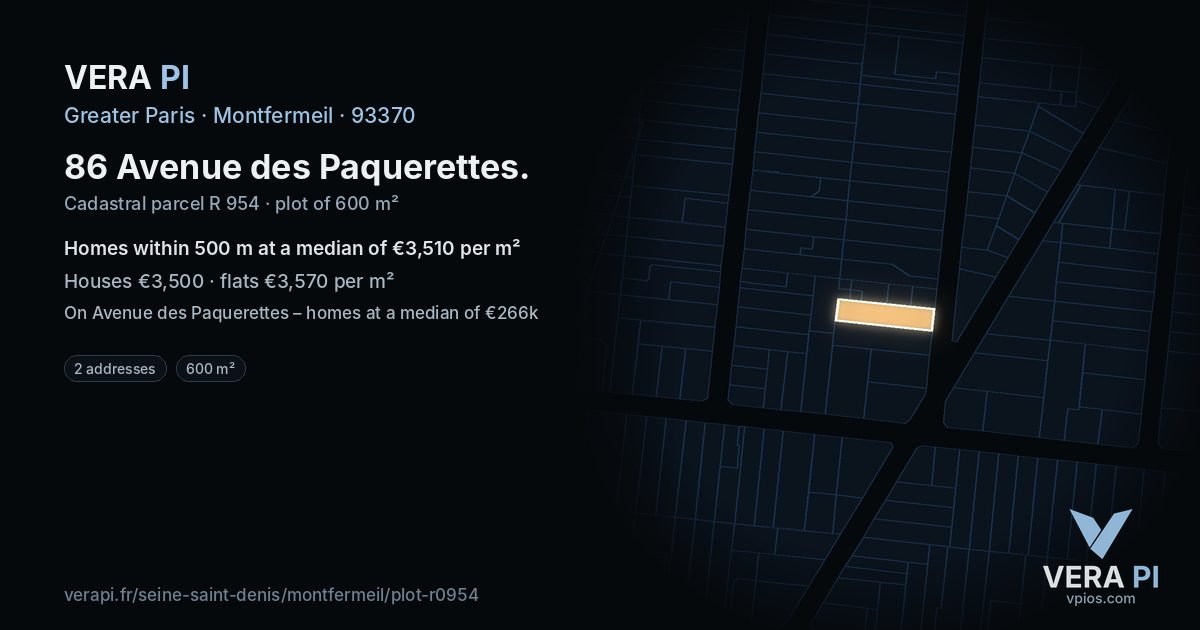 86 Avenue des Paquerettes, Montfermeil at night – the plot lit, the parcels around coloured by the prices near them