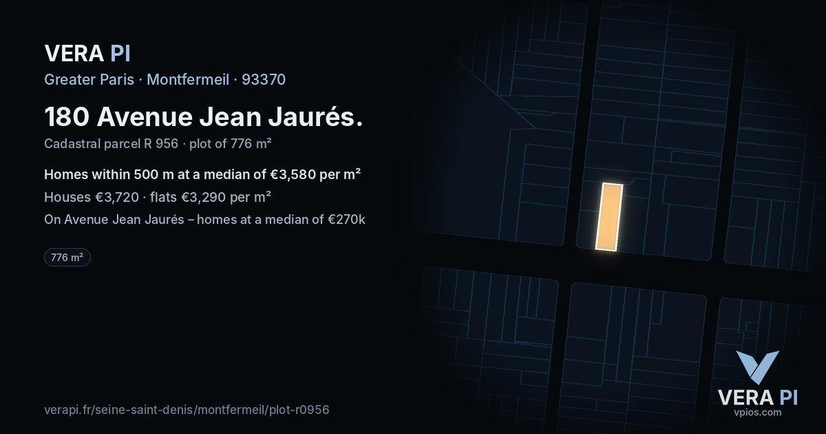 180 Avenue Jean Jaurés, Montfermeil at night – the plot lit, the parcels around coloured by the prices near them
