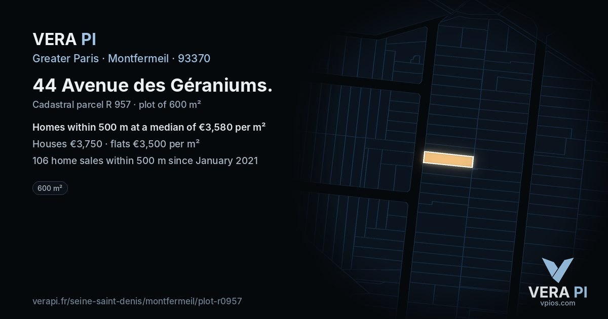 44 Avenue des Géraniums, Montfermeil at night – the plot lit, the parcels around coloured by the prices near them