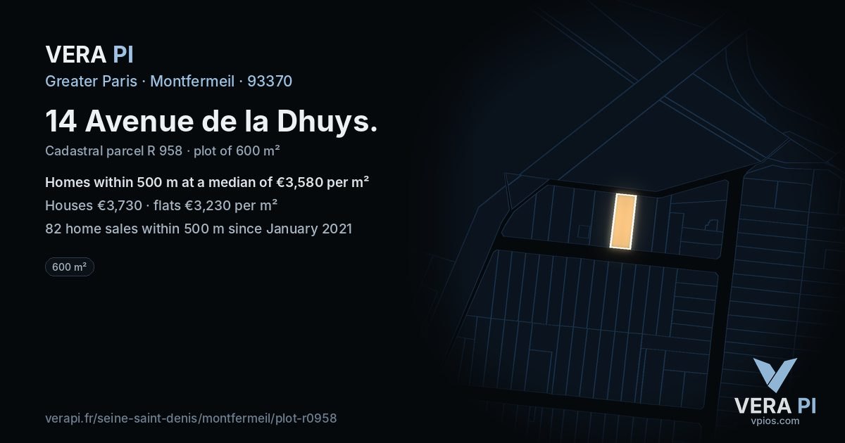 14 Avenue de la Dhuys, Montfermeil at night – the plot lit, the parcels around coloured by the prices near them