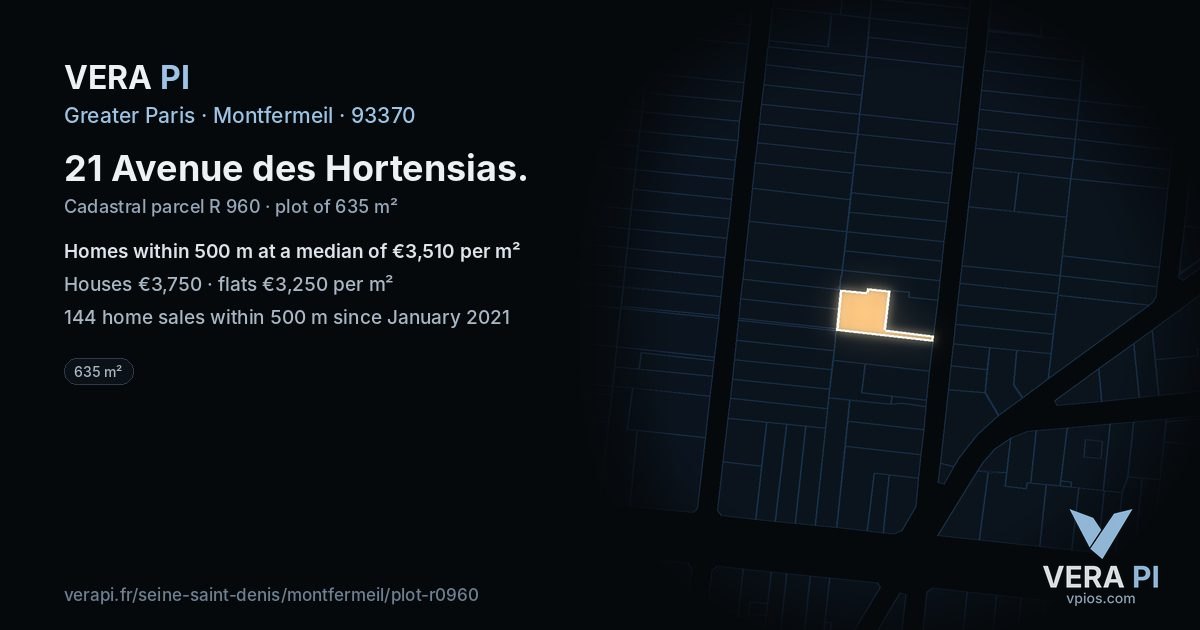 21 Avenue des Hortensias, Montfermeil at night – the plot lit, the parcels around coloured by the prices near them