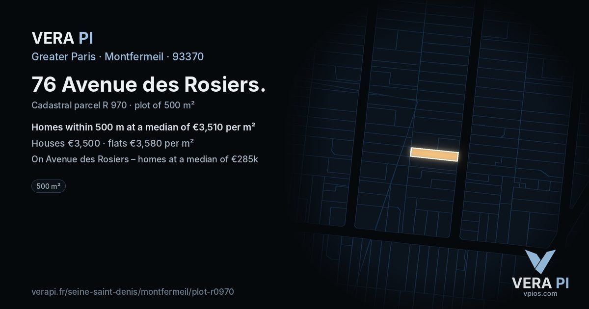 76 Avenue des Rosiers, Montfermeil at night – the plot lit, the parcels around coloured by the prices near them