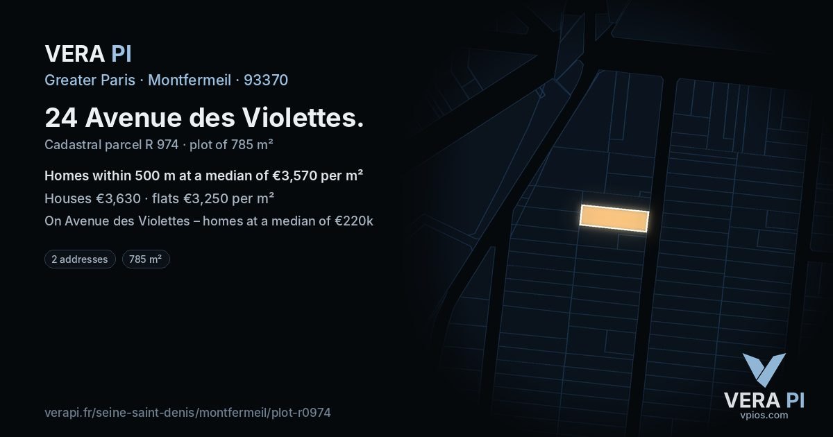 24 Avenue des Violettes, Montfermeil at night – the plot lit, the parcels around coloured by the prices near them
