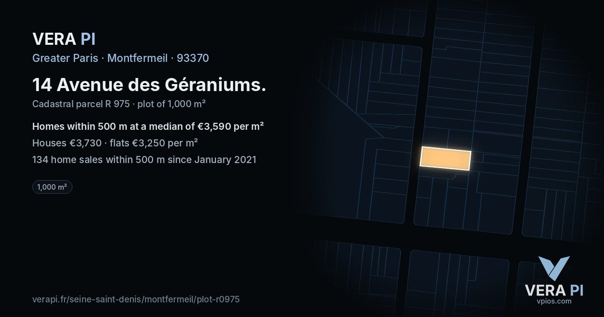 14 Avenue des Géraniums, Montfermeil at night – the plot lit, the parcels around coloured by the prices near them