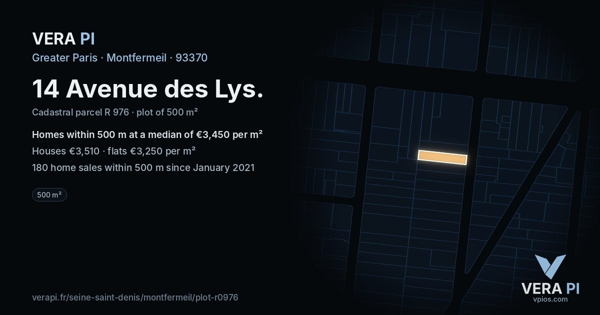 14 Avenue des Lys, Montfermeil at night – the plot lit, the parcels around coloured by the prices near them