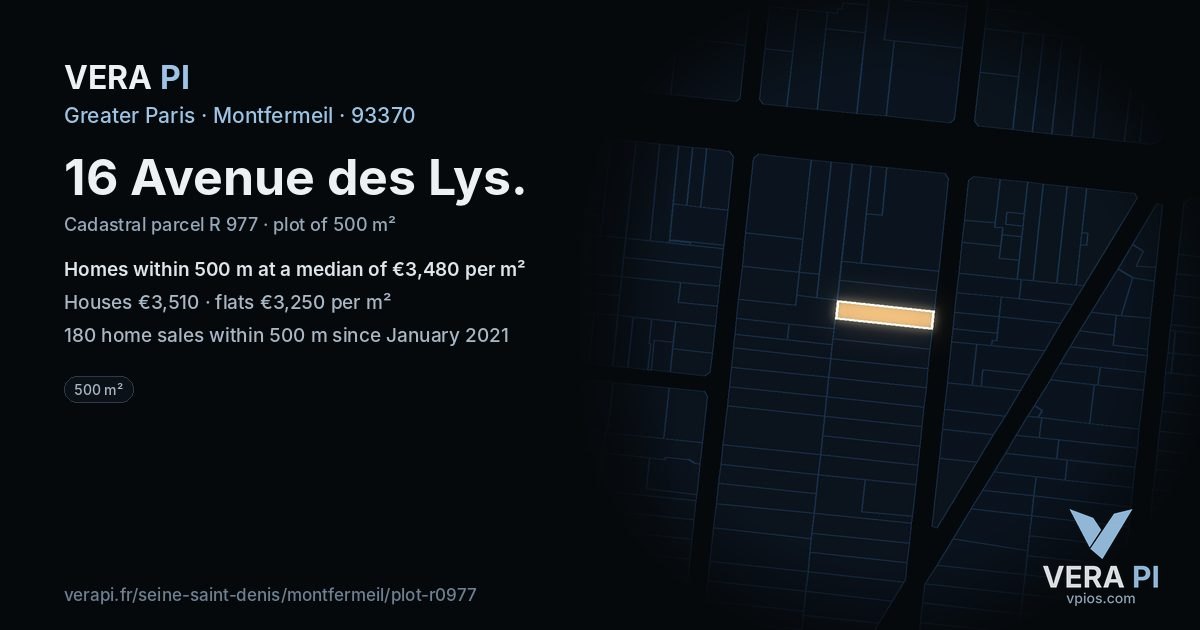 16 Avenue des Lys, Montfermeil at night – the plot lit, the parcels around coloured by the prices near them