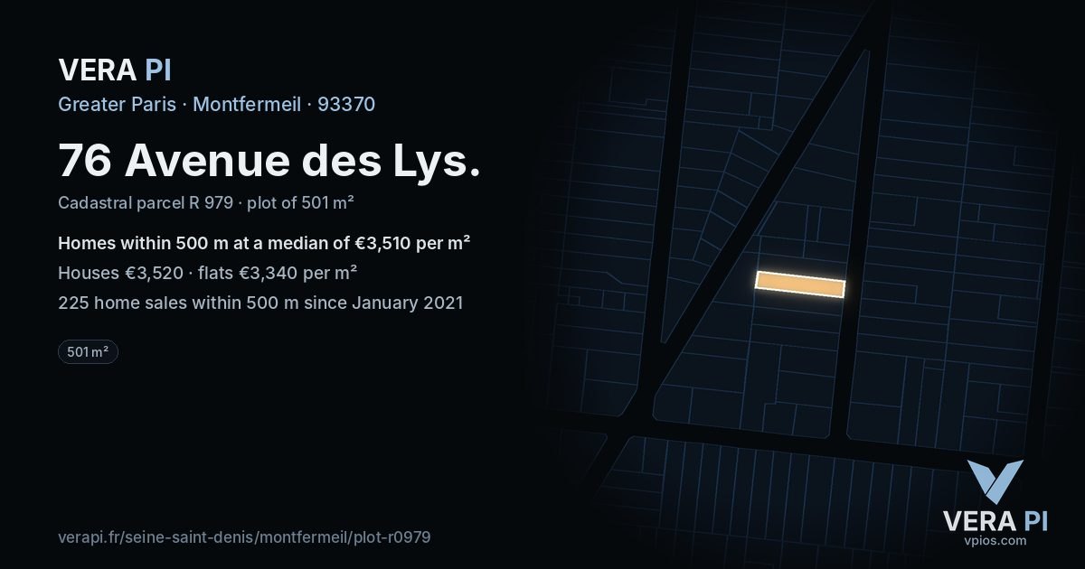 76 Avenue des Lys, Montfermeil at night – the plot lit, the parcels around coloured by the prices near them