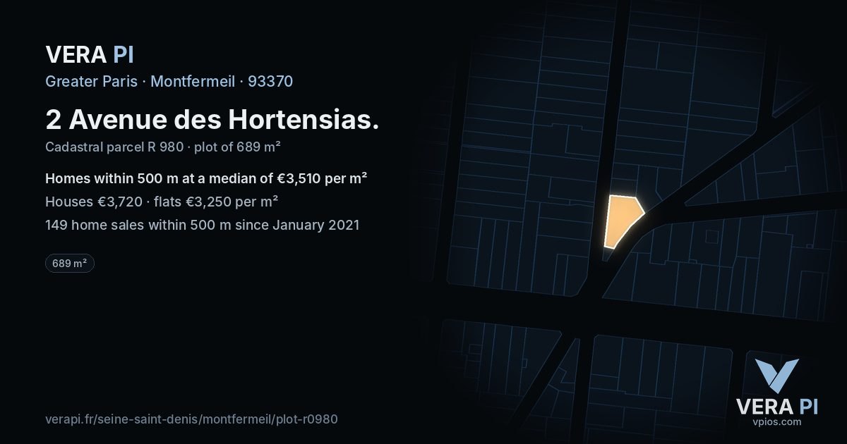 2 Avenue des Hortensias, Montfermeil at night – the plot lit, the parcels around coloured by the prices near them