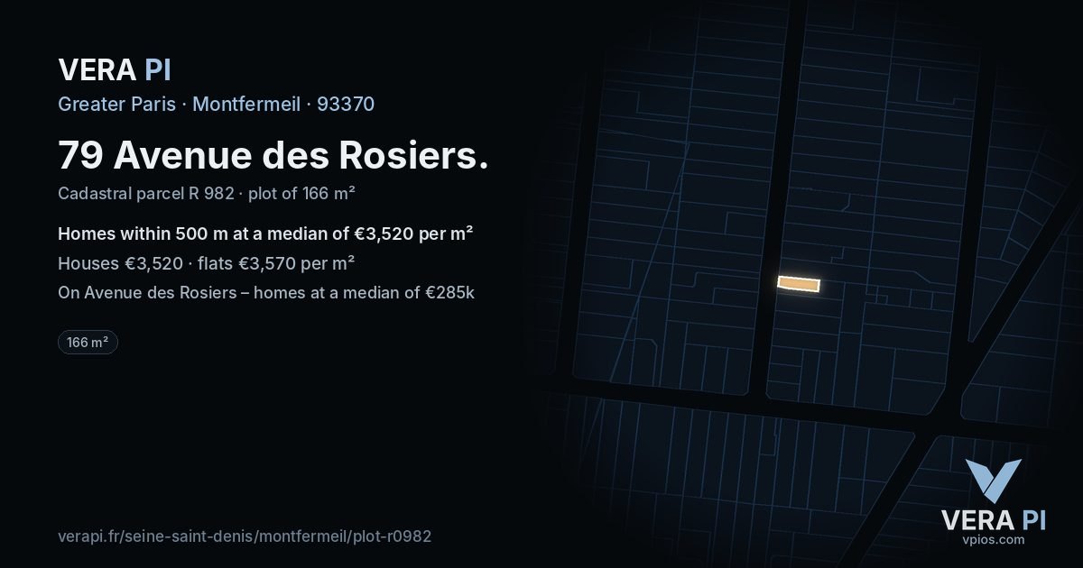 79 Avenue des Rosiers, Montfermeil at night – the plot lit, the parcels around coloured by the prices near them