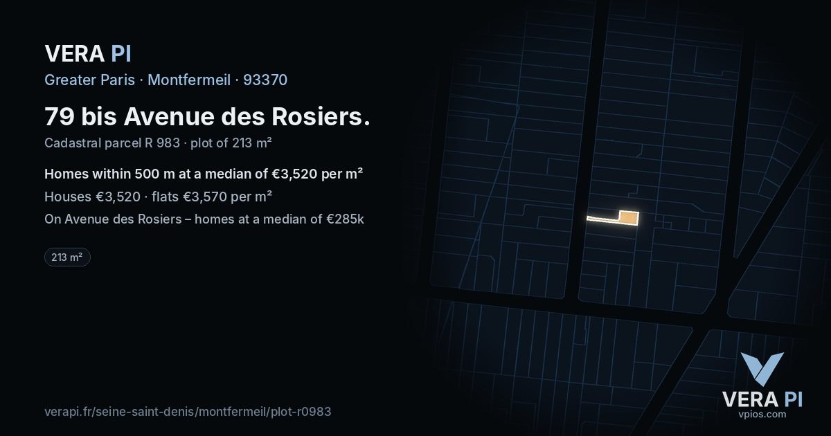 79 bis Avenue des Rosiers, Montfermeil at night – the plot lit, the parcels around coloured by the prices near them