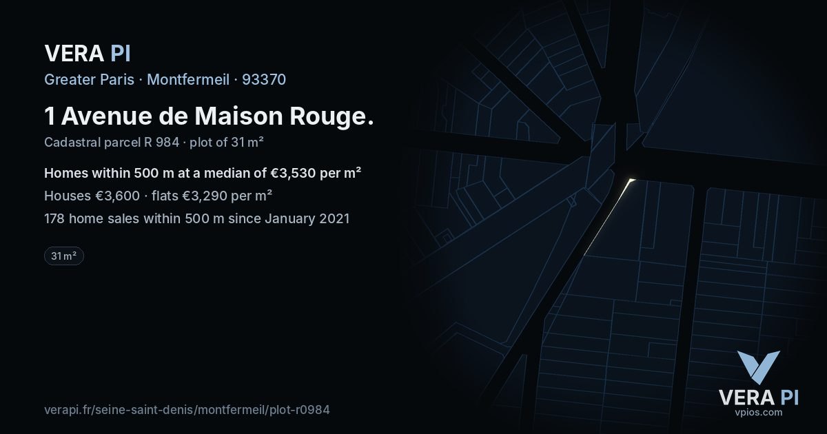 1 Avenue de Maison Rouge, Montfermeil at night – the plot lit, the parcels around coloured by the prices near them