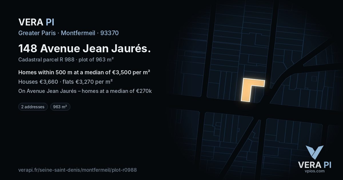 148 Avenue Jean Jaurés, Montfermeil at night – the plot lit, the parcels around coloured by the prices near them