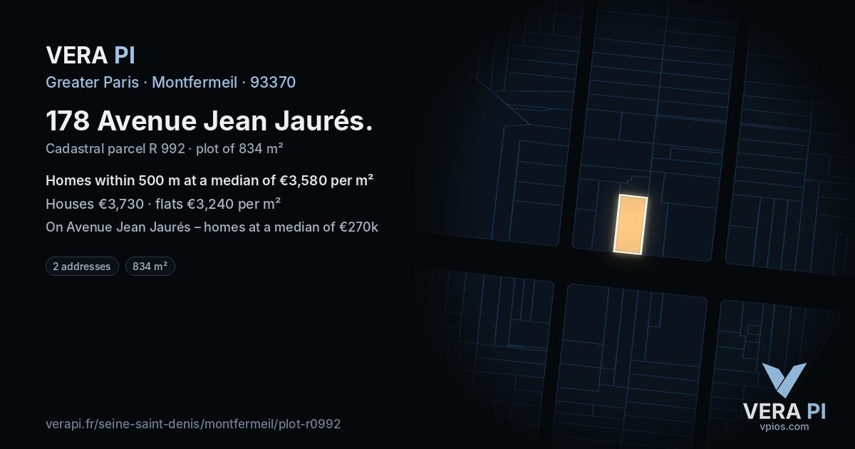 178 Avenue Jean Jaurés, Montfermeil at night – the plot lit, the parcels around coloured by the prices near them