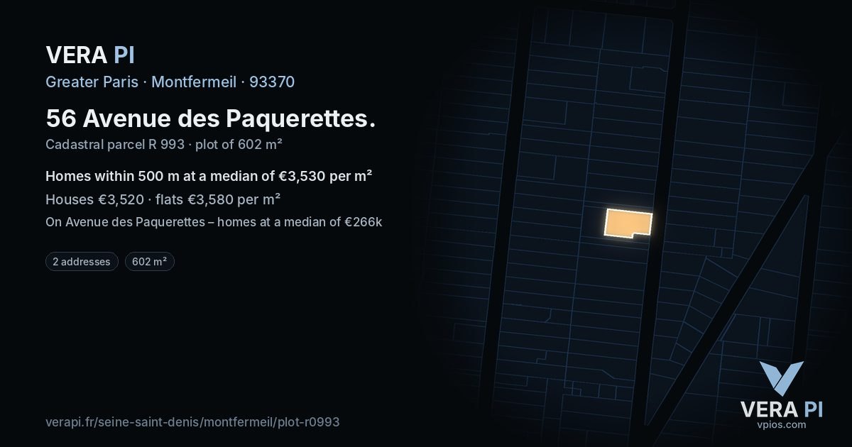 56 Avenue des Paquerettes, Montfermeil at night – the plot lit, the parcels around coloured by the prices near them