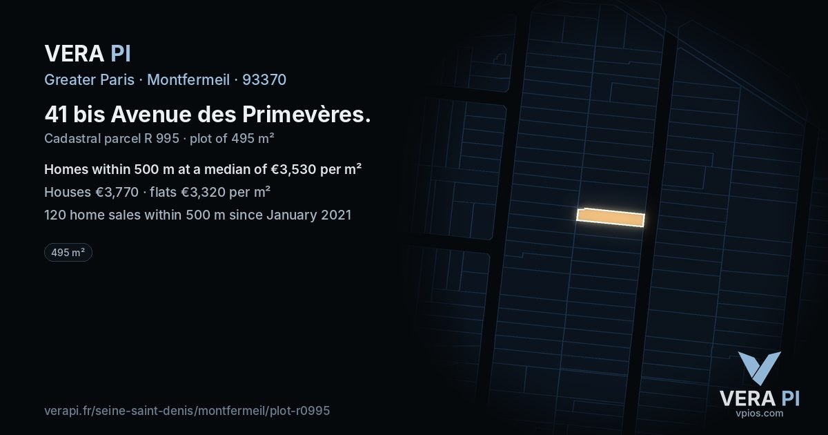 41 bis Avenue des Primevères, Montfermeil at night – the plot lit, the parcels around coloured by the prices near them